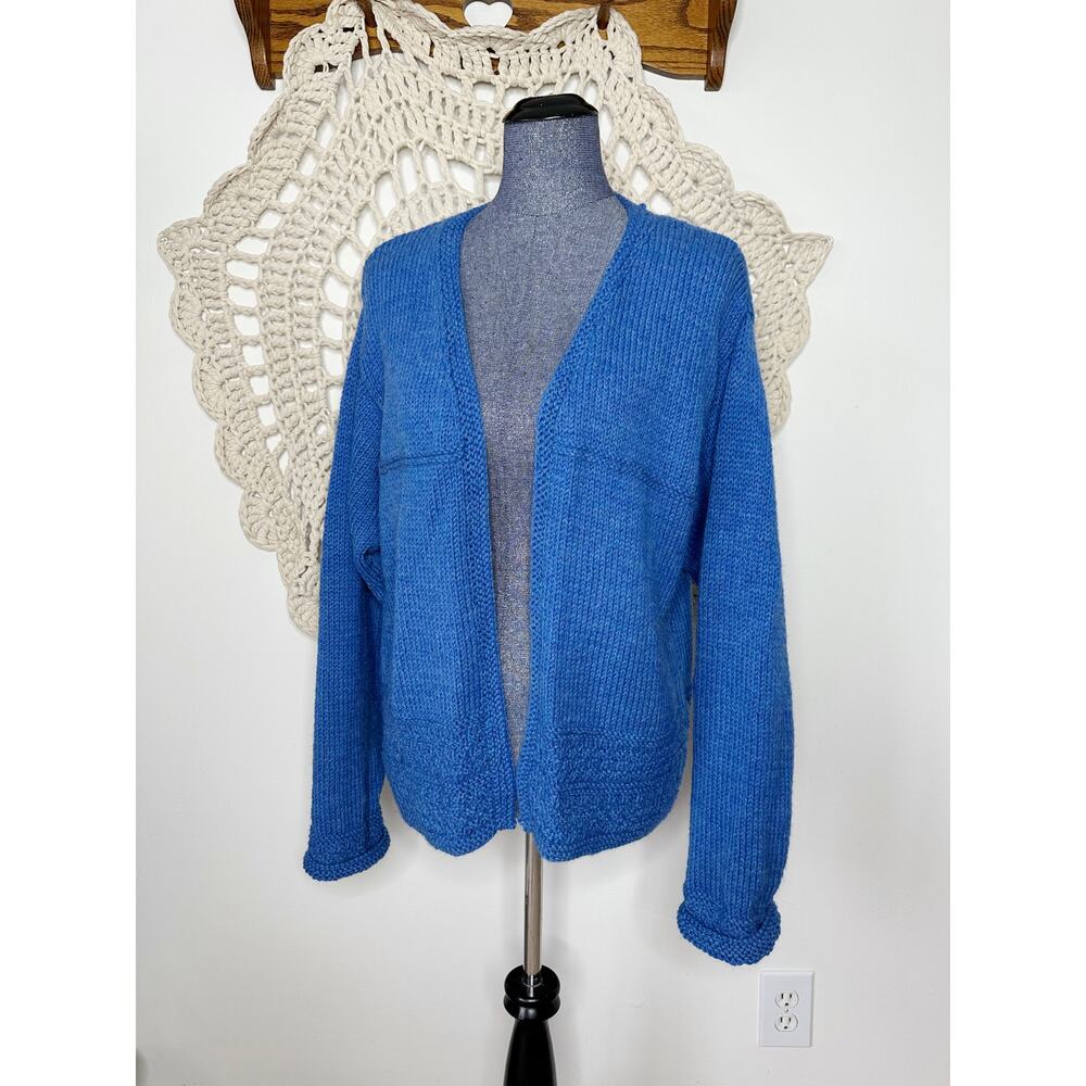 Handmade Hand Knit Cobalt Royal Blue Wool Cardigan Sweater Size Large/XL